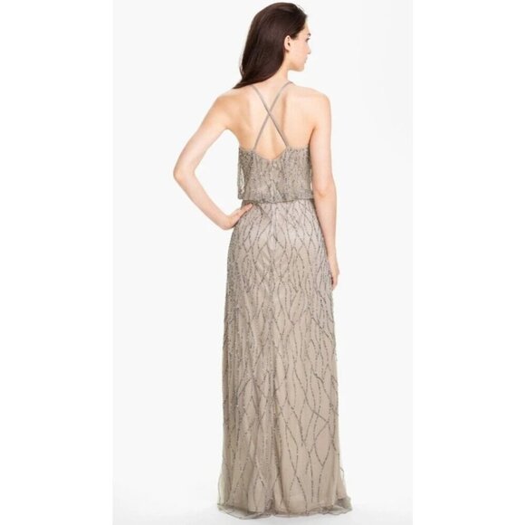Adrianna Papell Beaded Mesh Blouson Gown Champagne Taupe Silver sz 6 Bridesmaid - Picture 2 of 11